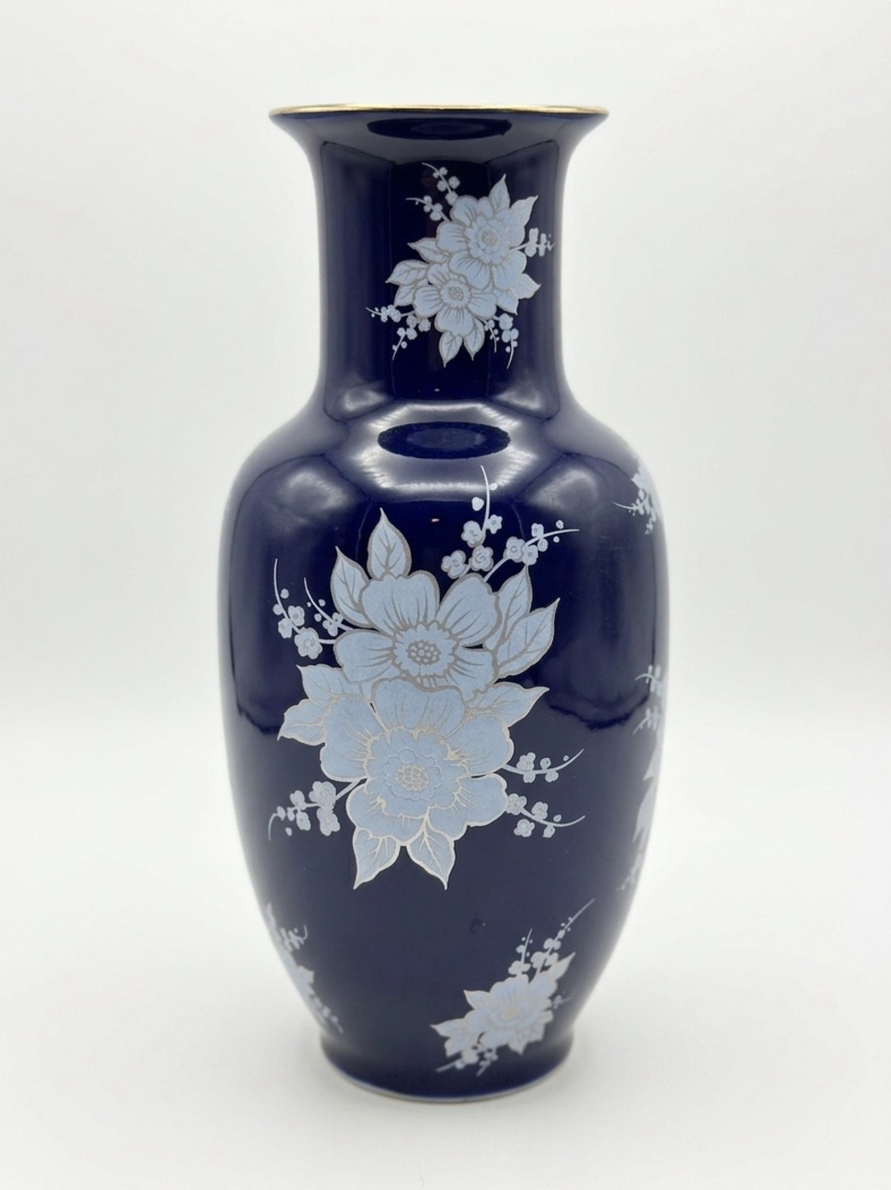 Cobalt Blue Porcelain Vase with Light Blue Floral Enamel and Gold Rim Detail